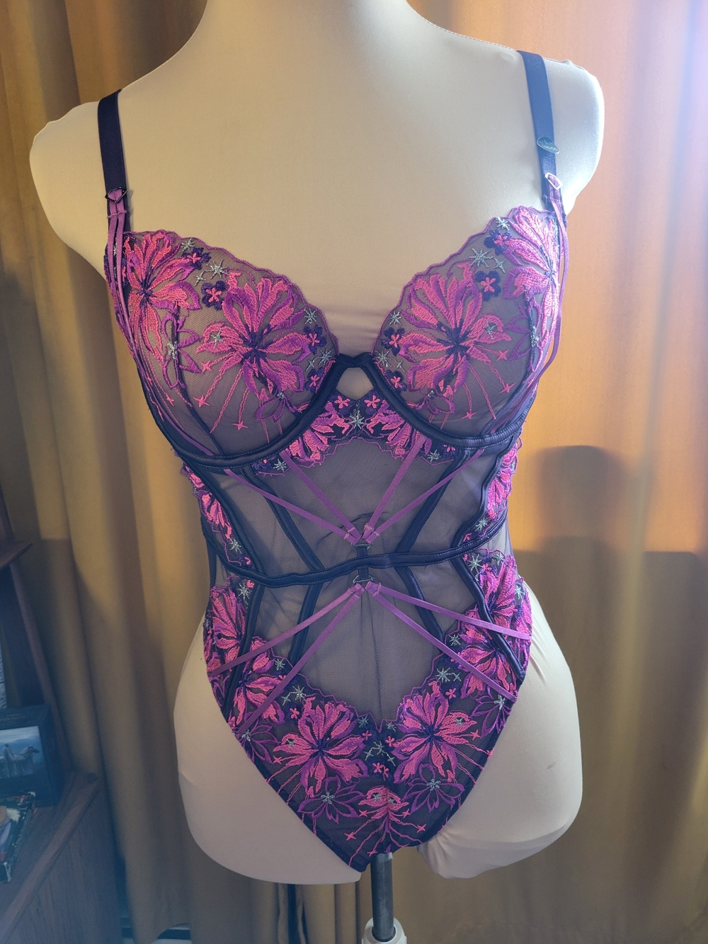 Sheer Floral Embroidered Bodysuit Chemise in Purple and Pink